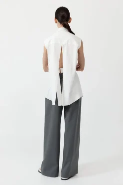 Cotton Belted Sleeveless Shirt - White|St. Agni Discount