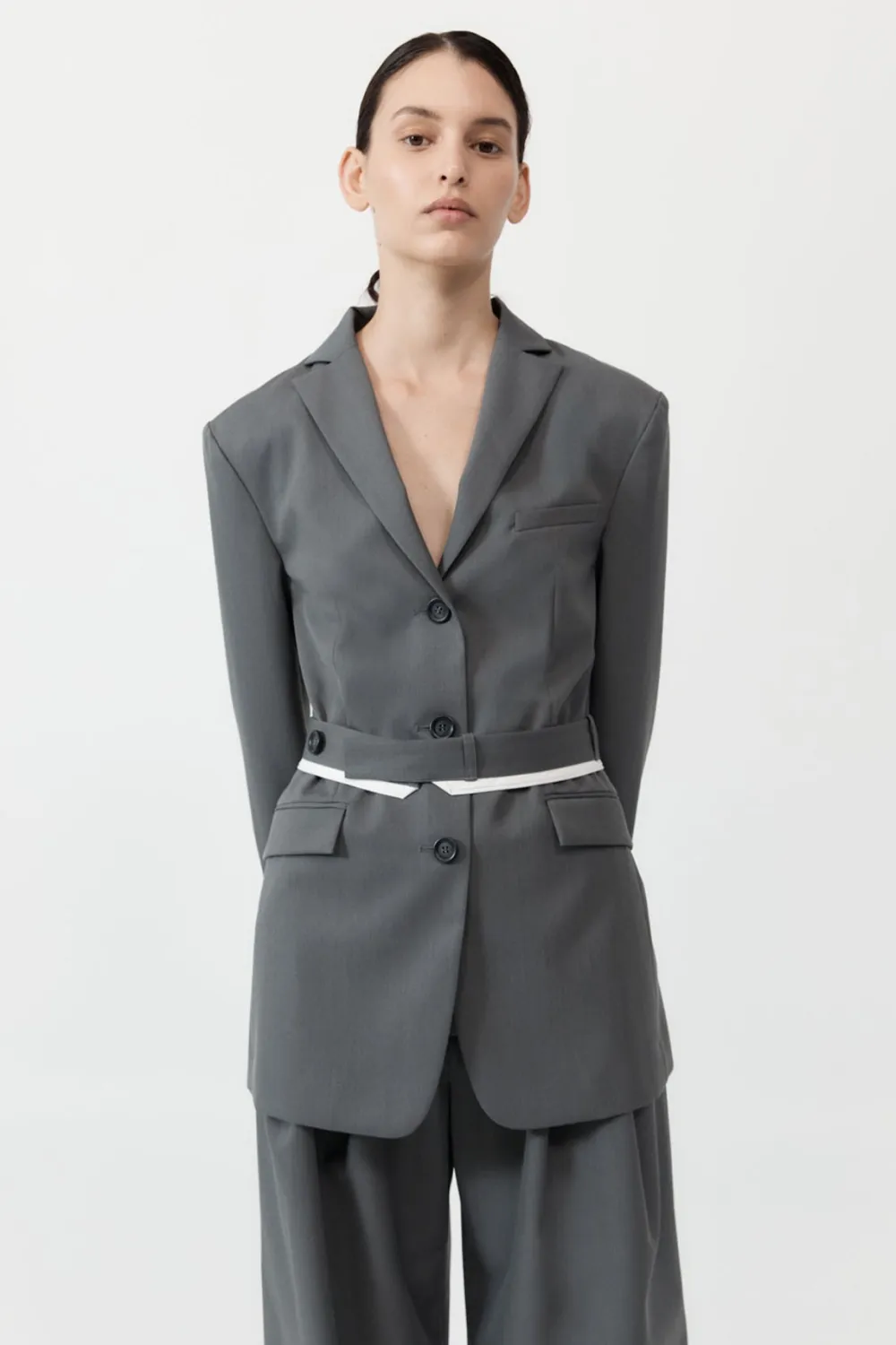 Homme Belted Blazer - Pewter Grey|St. Agni Online