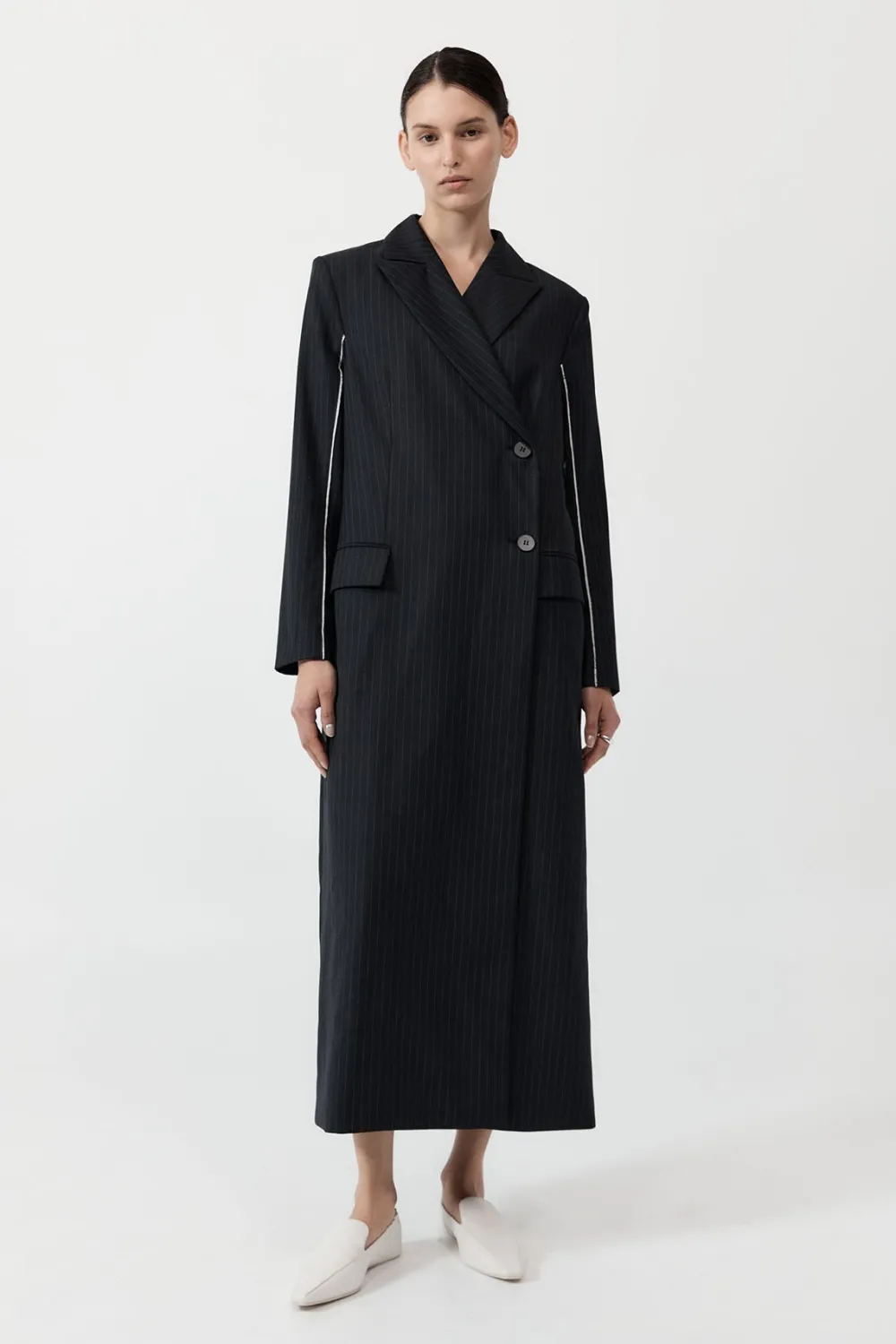 Pinstripe Maxi Coat - Black|St. Agni Sale