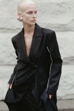 Pinstripe Maxi Coat - Black|St. Agni Sale