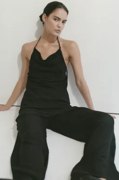Textured Silk Halter Top - Black|St. Agni Fashion